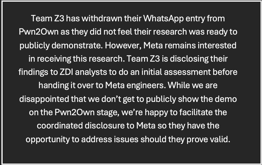 $1M WhatsApp Zero-Click Exploit Withdrawn at Pwn2Own, Shared with Meta