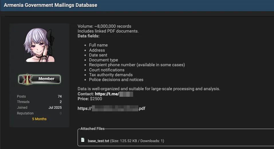 Armenia Under Siege: Hacker Claims Sale of 8 Million Government Records