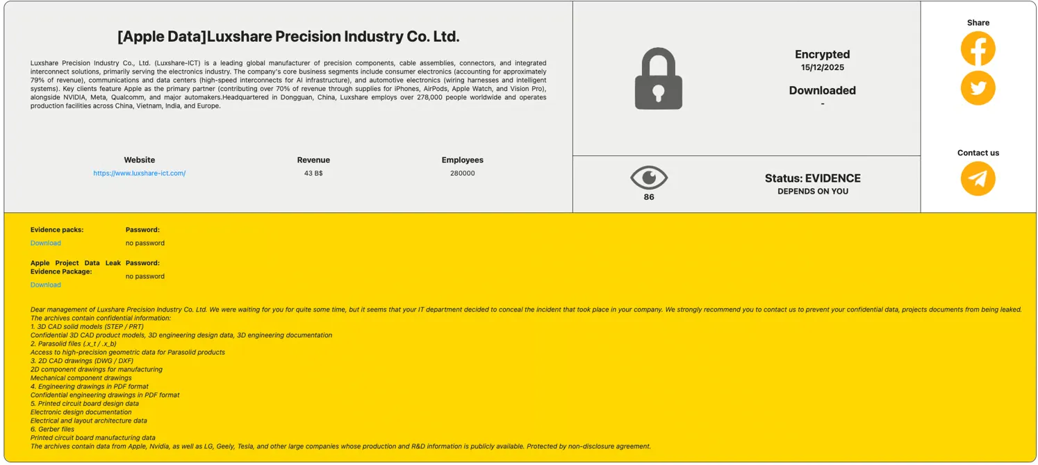 Hardware Secrets Exposed: RansomHub Leaks Apple and Nvidia Blueprints from Luxshare