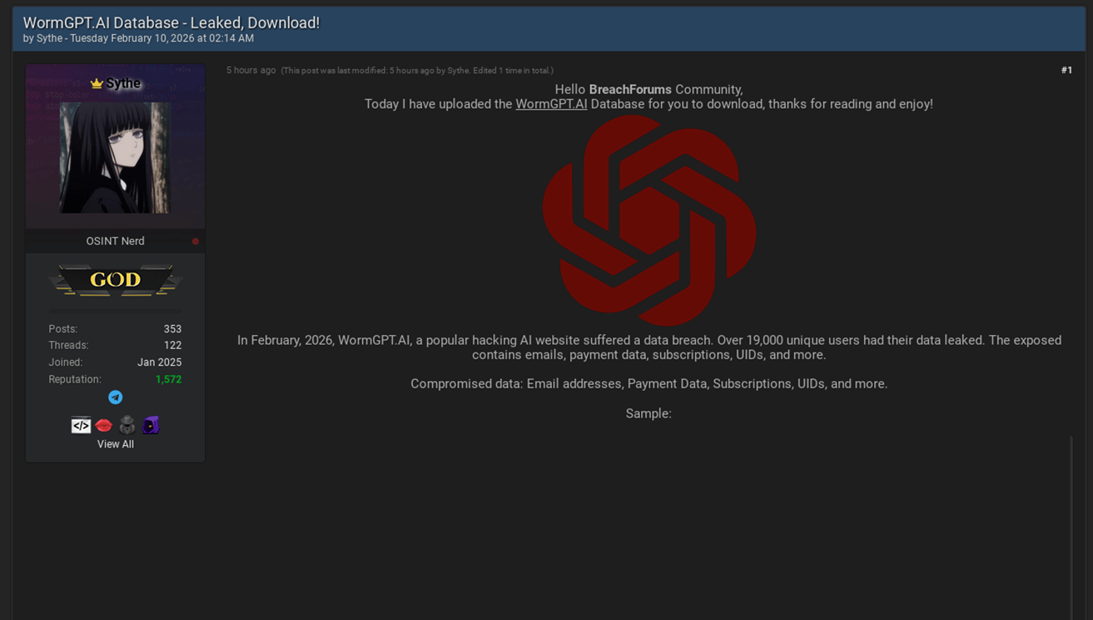 The Hunter Becomes the Hunted: “Evil AI” WormGPT Suffers Massive Leak of 19,000 User Accounts