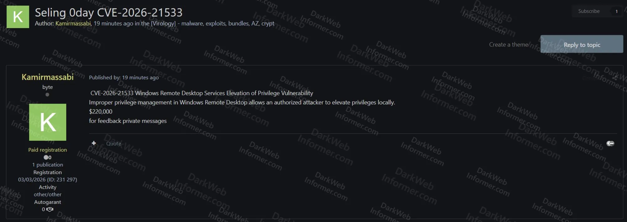 The $220,000 Patch: Darknet Vendor Peddles “SYSTEM” Access via Windows RDP Flaw