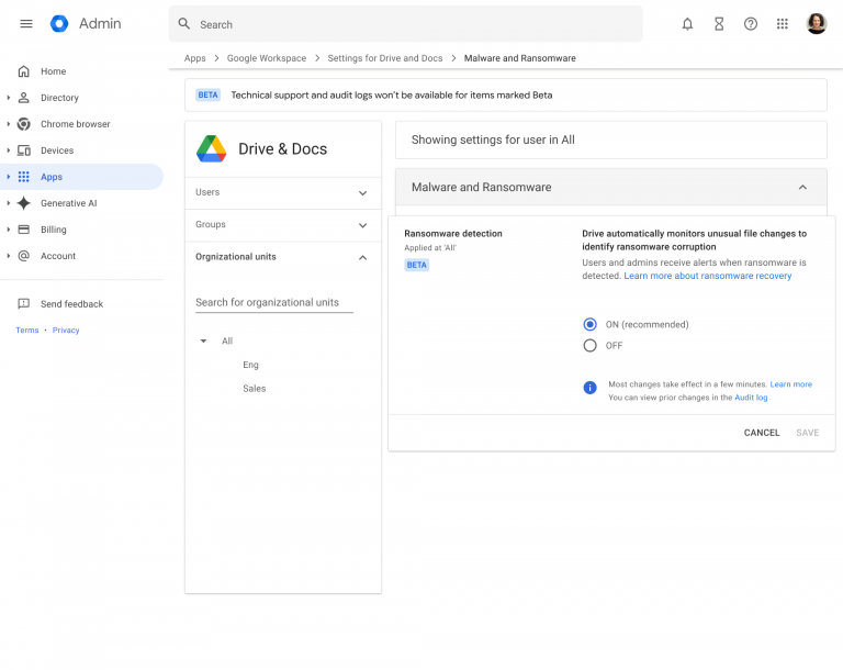 Ransomware detection and file restoration for Google Drive