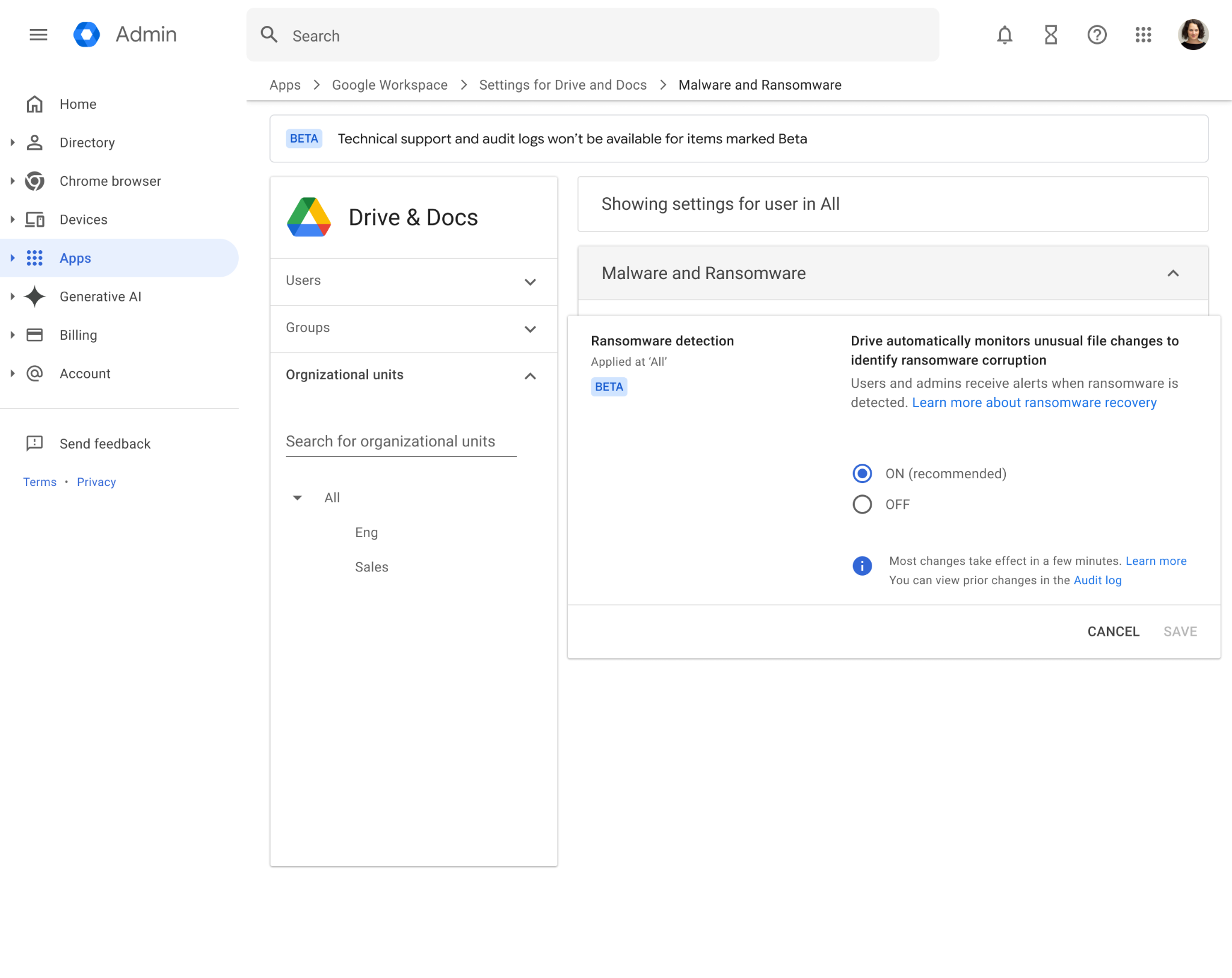 Ransomware detection and file restoration for Google Drive