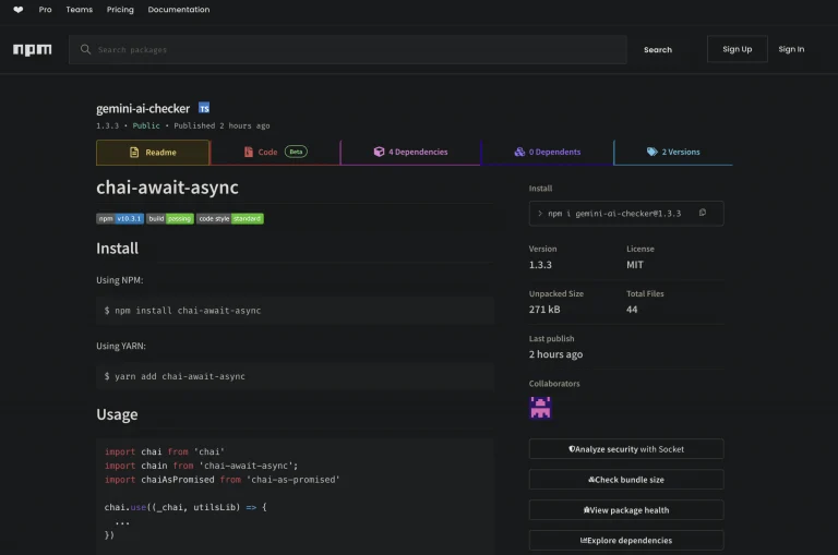 Screenshot of the gemini-ai-checker package with mismatch documentation