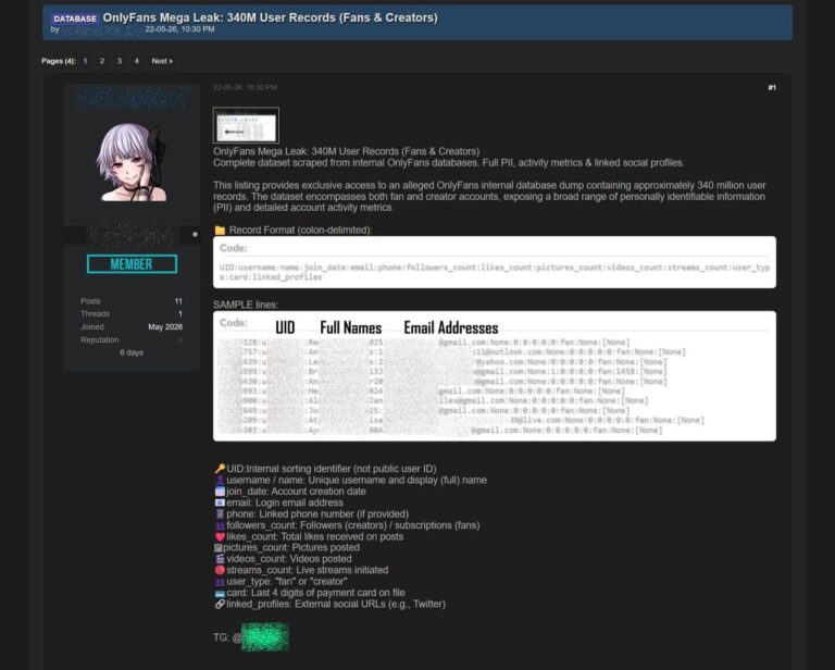 OnlyFans Data Leak Check: 340M Records Sold on Cybercrime Forums