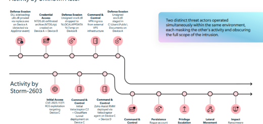 Diagram demonstrating the parallel threat activity of Storm-2603 and a second hacker group within a single corporate network