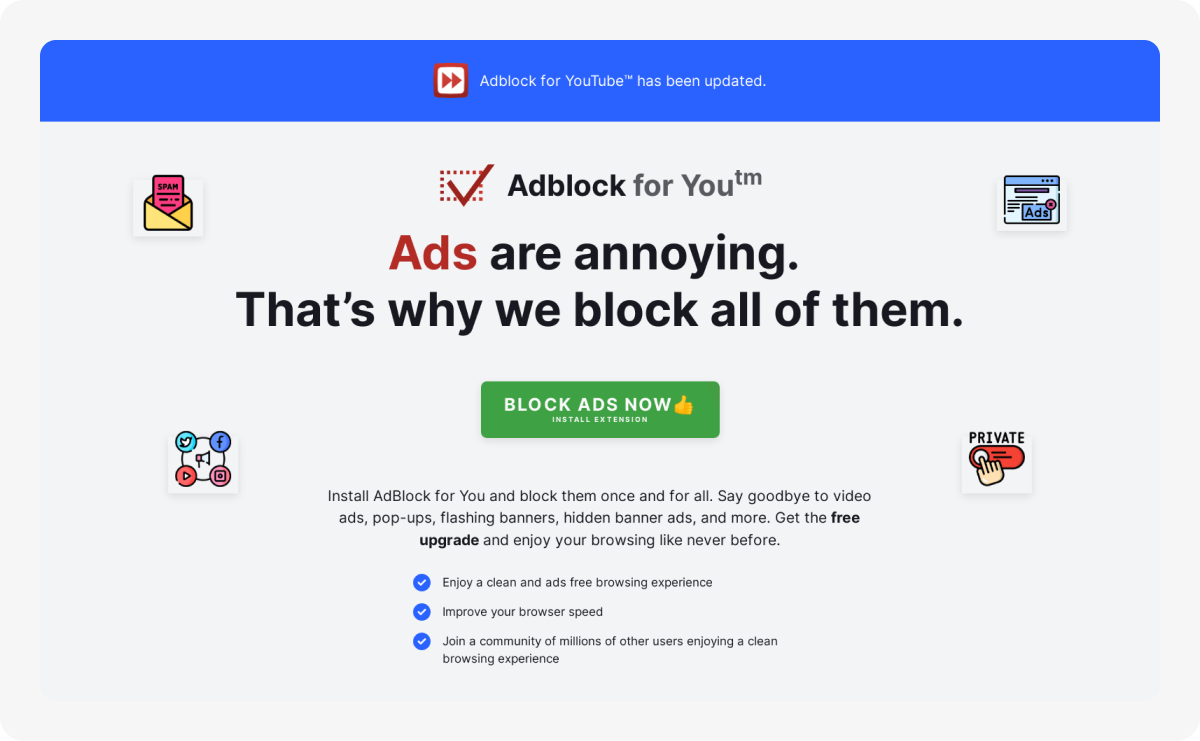 Adblock for YouTube extension architecture showing a malicious Chrome extension vulnerability