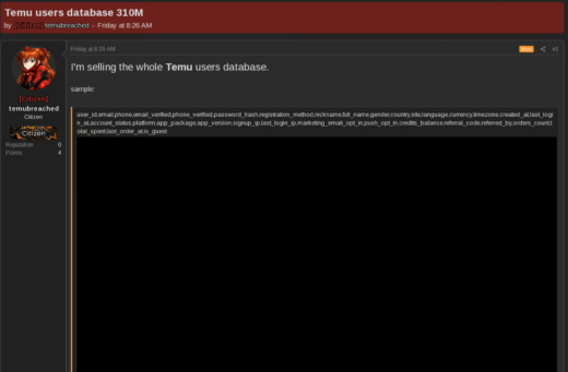 Temu data leak claim forum listing screenshot