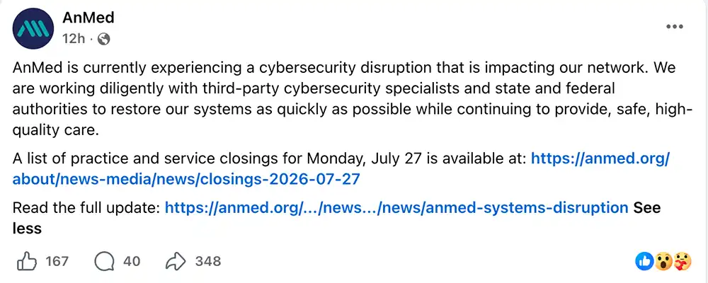 AnMed malware cyberattack impacting clinic closures and healthcare services