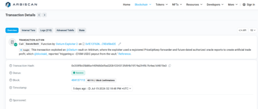 Ostium platform exploit diagram showing manipulated price data, Arbitrum network smart contract vulnerability