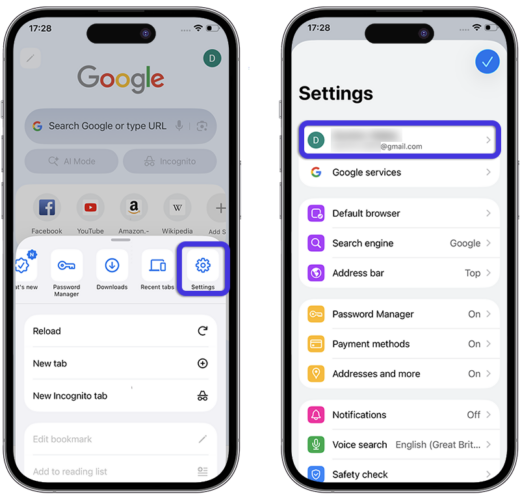 Smartphone displaying Google Chrome sync cyberstalking vulnerability