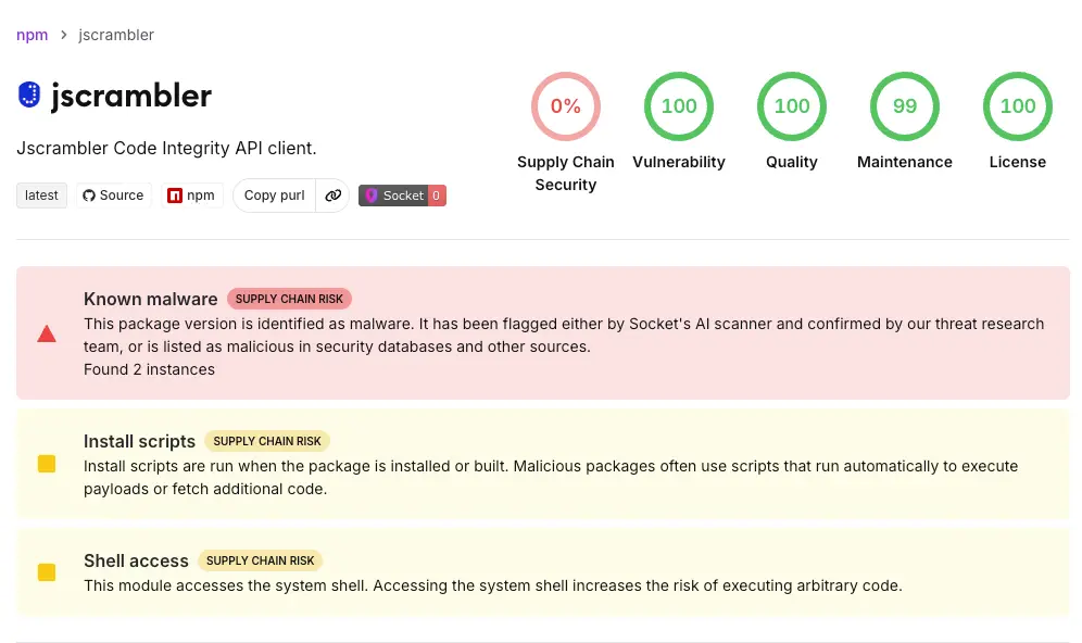 Diagram illustrating the jscrambler supply chain attack and IronWorm malware infection process