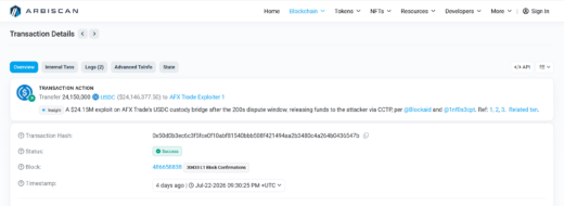AFX Trade cryptocurrency bridge hack flowchart showing compromised validator keys and stolen USDC