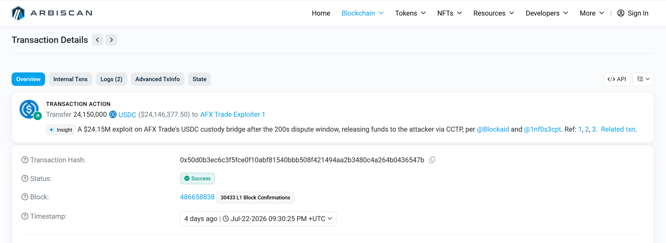 AFX Trade cryptocurrency bridge hack flowchart showing compromised validator keys and stolen USDC