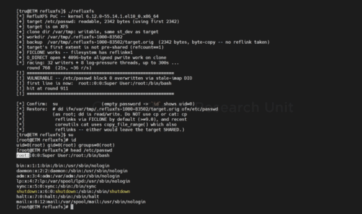RefluXFS Linux vulnerability race condition diagram showing XFS reflink copy-on-write privilege escalation