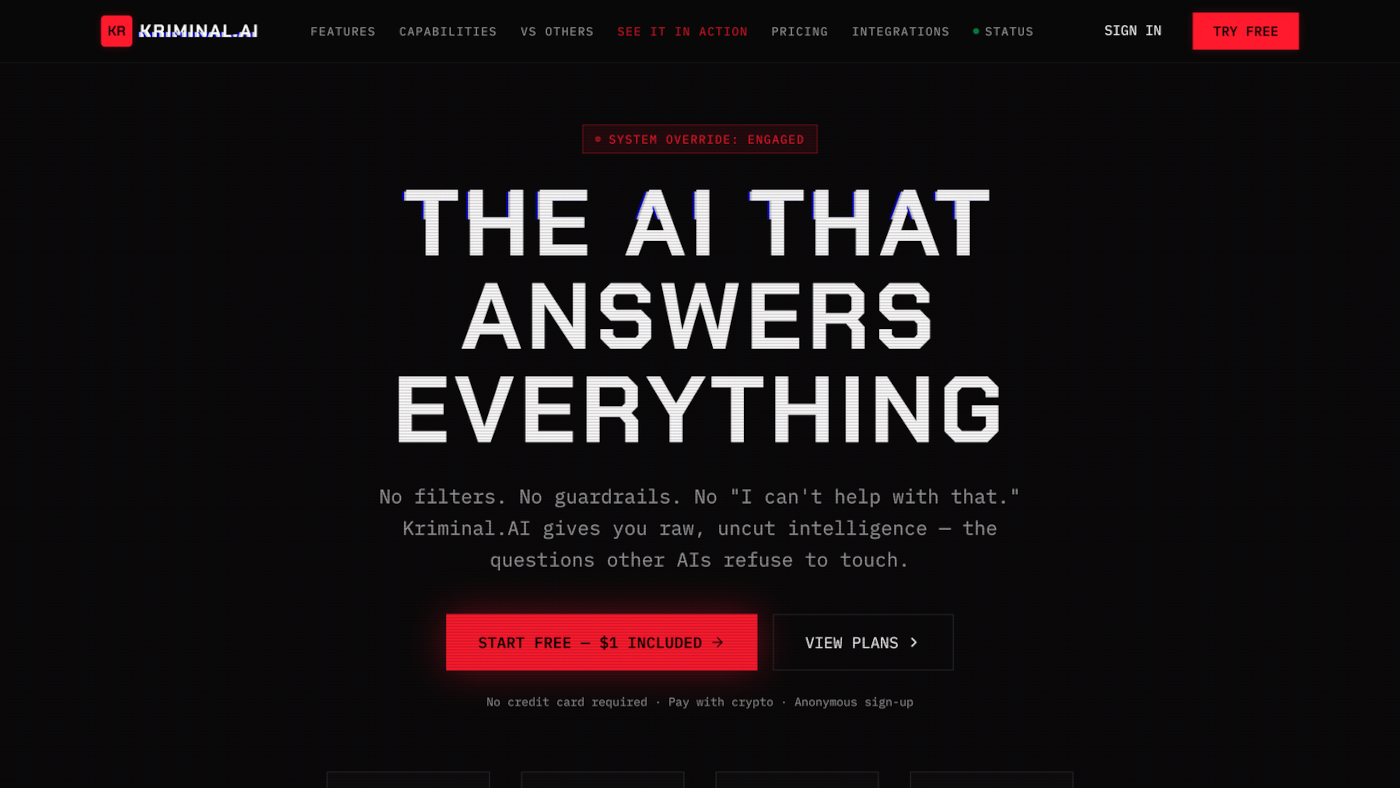 Kriminal.ai interface showing dark web hacking tools and criminal AI service options