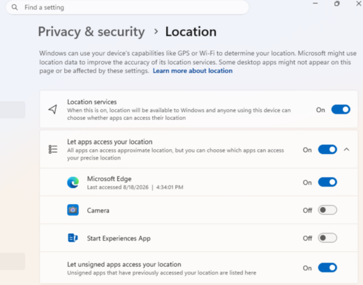 Windows 11 per-app permissions camera microphone location privacy settings