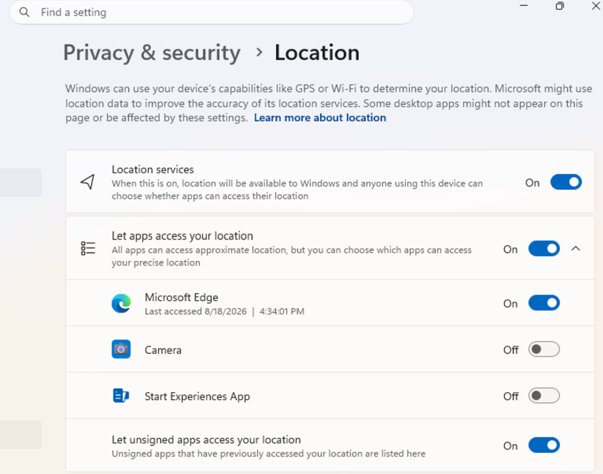 Windows 11 per-app permissions camera microphone location privacy settings
