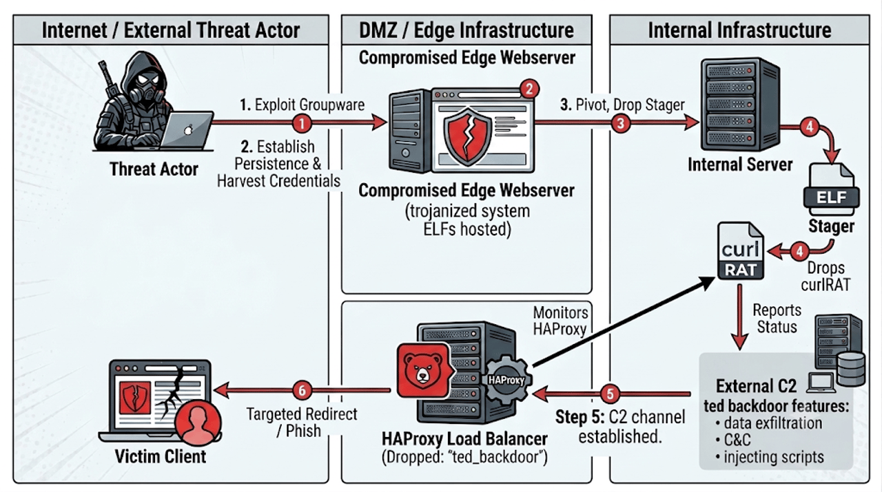 Ted Backdoor HAProxy malware and CurlRAT cyberattack structure