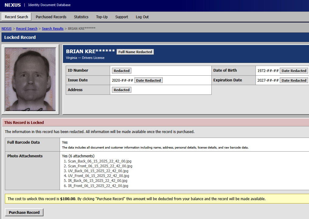 Driver's license data breach with 153M scans sold on the Nexus dark web marketplace