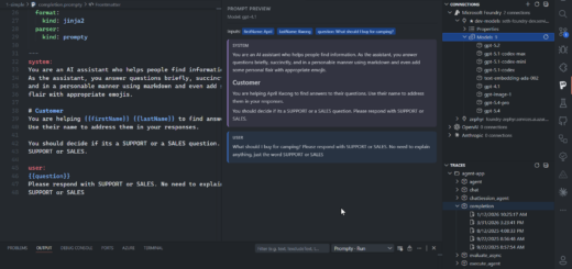 Prompty vulnerability CVE-2026-73299 diagram showing a malicious .prompty file escaping the Nunjucks template engine to run code in Node.js