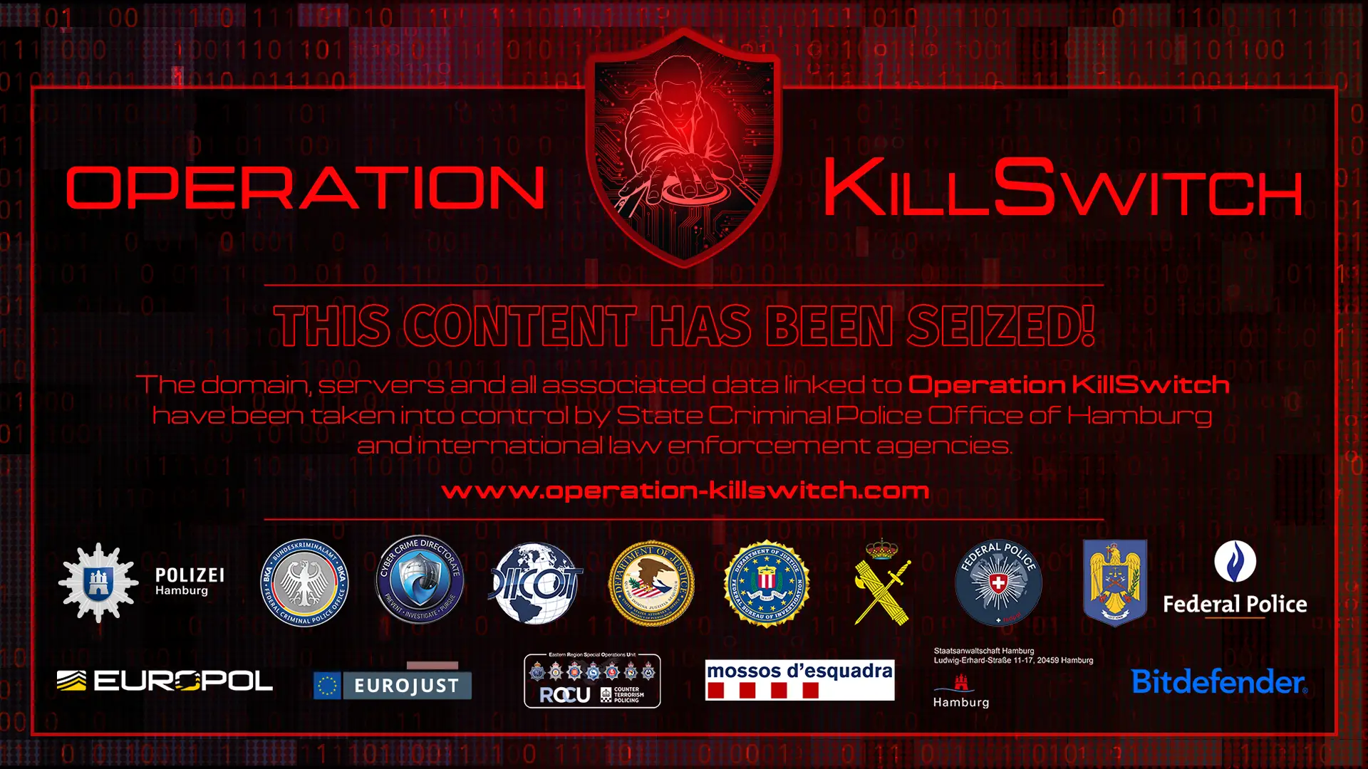 KillSec ransomware group leak site replaced by a law enforcement seizure notice during Operation KillSwitch led by Europol