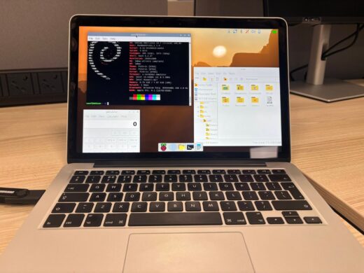 Raspberry Pi Desktop interface running on a standard laptop showing the new Wayland environment