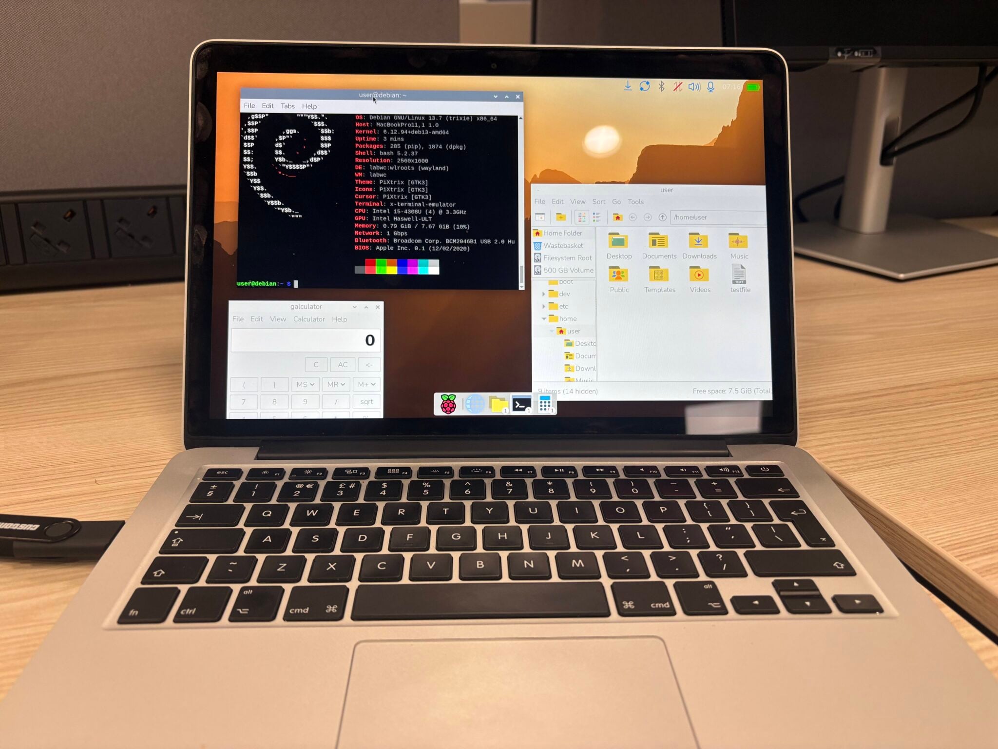 Raspberry Pi Desktop interface running on a standard laptop showing the new Wayland environment