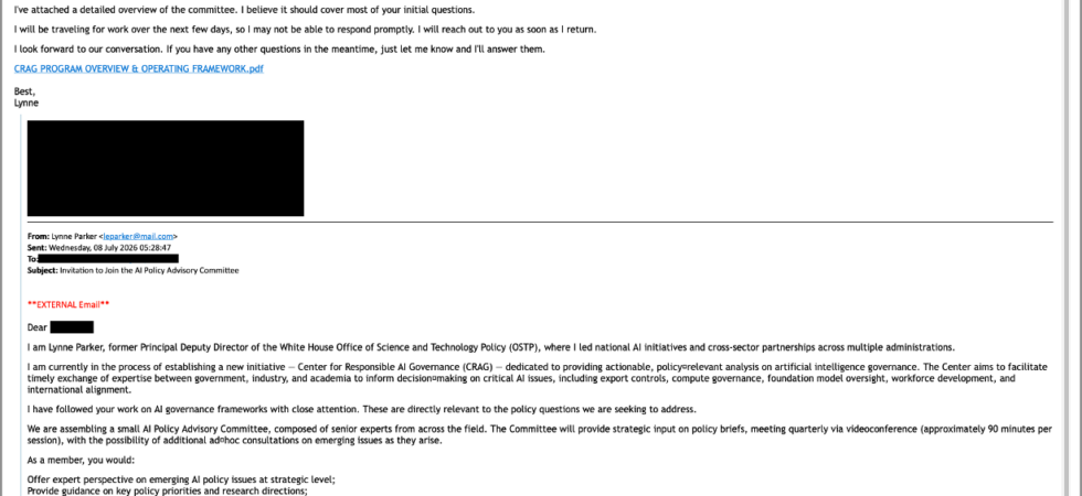 TA419 phishing campaign using a fake Microsoft login window to run Microsoft 365 session hijacking against US AI policy experts