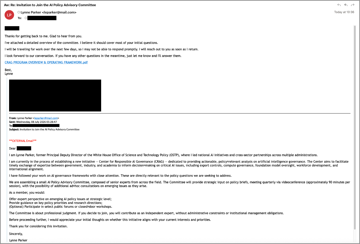 TA419 phishing campaign using a fake Microsoft login window to run Microsoft 365 session hijacking against US AI policy experts