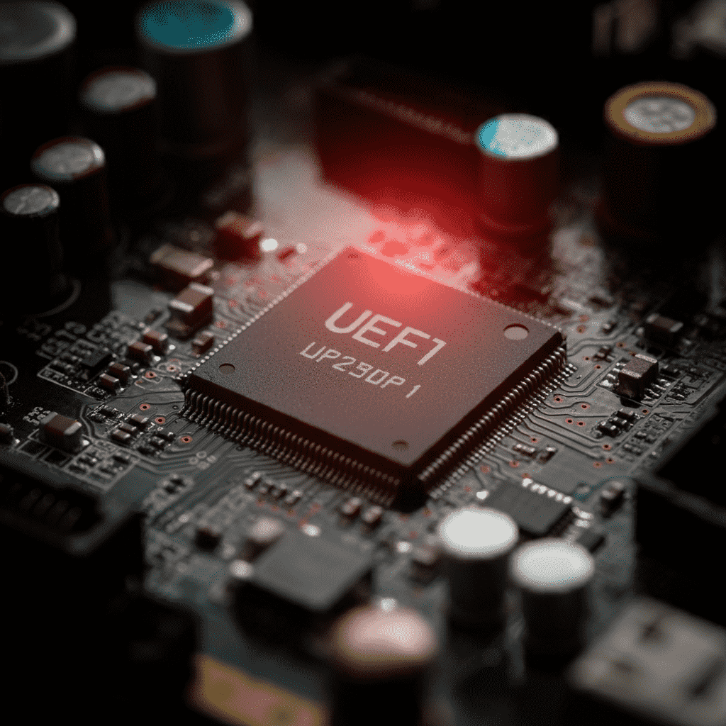TianoCore UEFI vulnerability diagram illustrating PXE network boot buffer overflow and pre-boot firmware exploitation