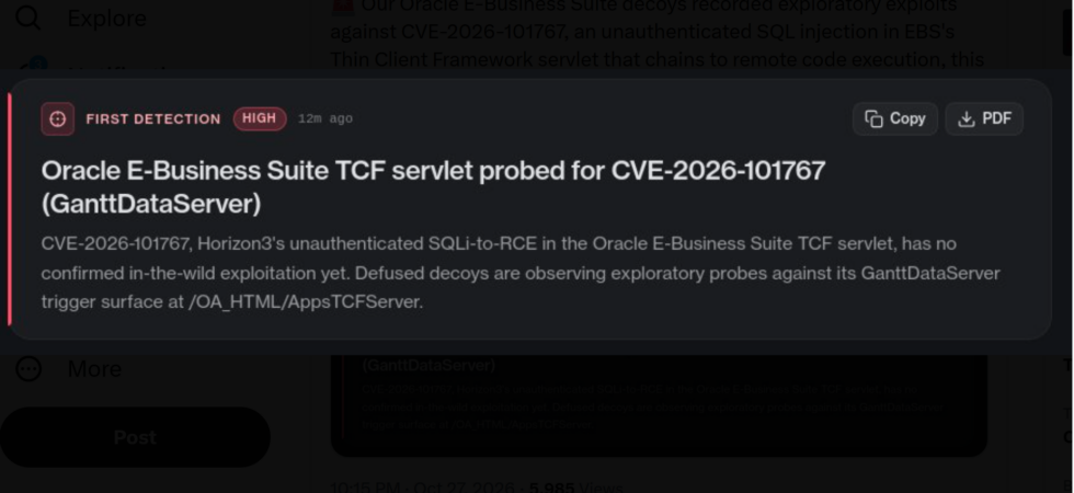 Oracle EBS vulnerability diagram showing CVE-2026-101767 exploit path and honeypot detection
