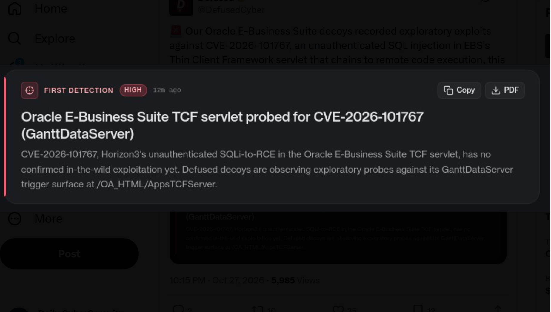 Oracle EBS vulnerability diagram showing CVE-2026-101767 exploit path and honeypot detection