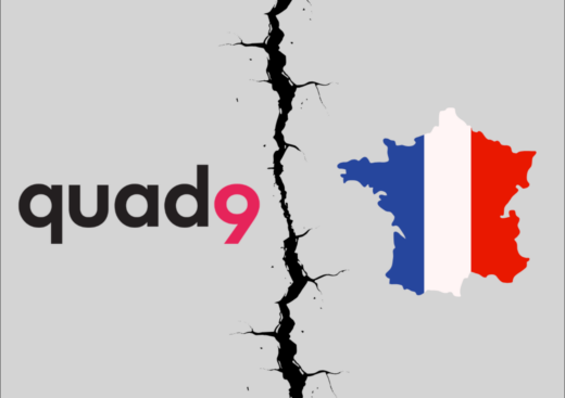 Quad9 exits France DNS infrastructure and domain blocking legal dispute diagram