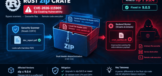 Rust zip crate vulnerability diagram showing PoC exploit for CVE-2026-115905 dual-header inconsistency