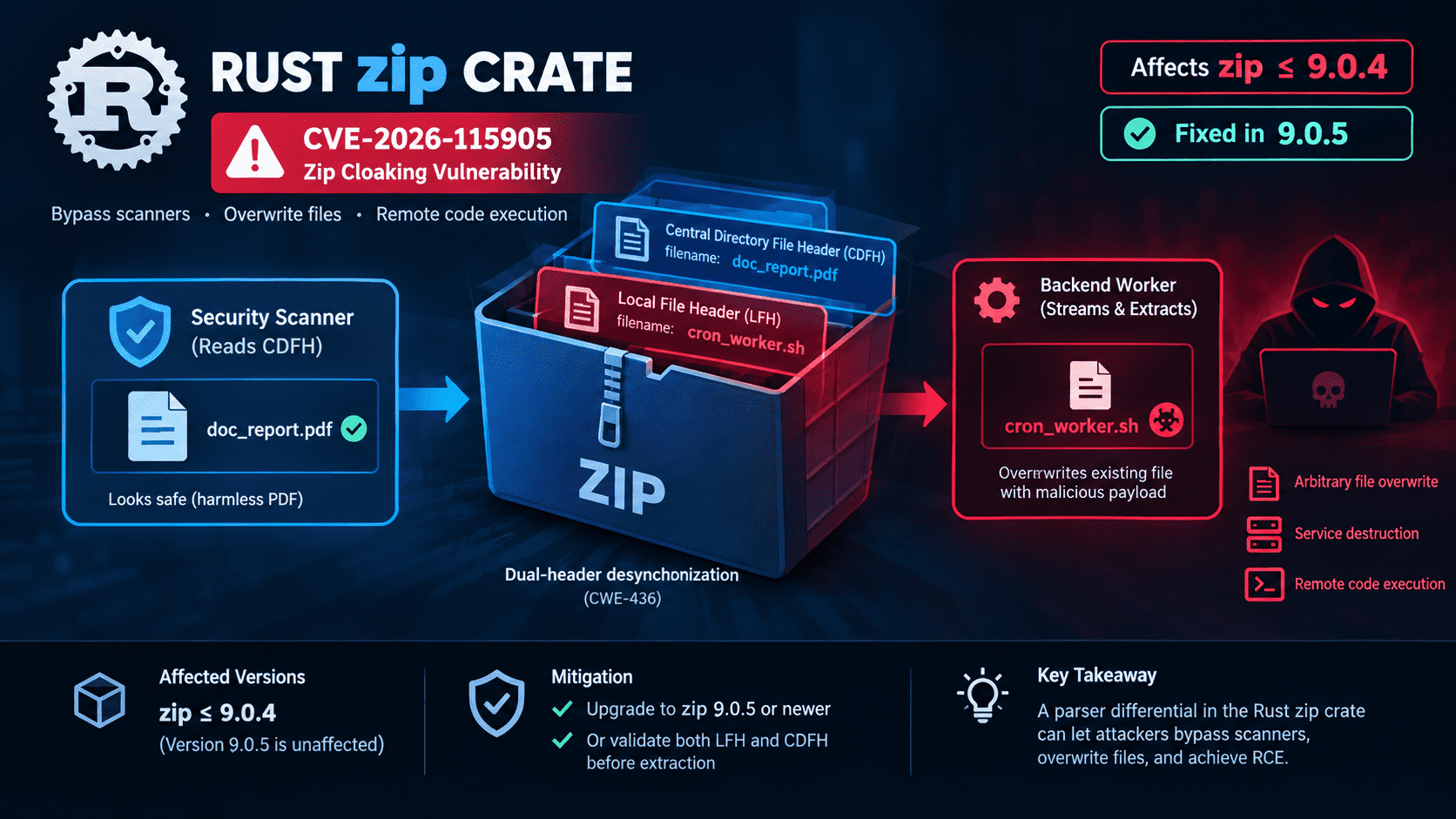 Rust zip crate vulnerability diagram showing PoC exploit for CVE-2026-115905 dual-header inconsistency