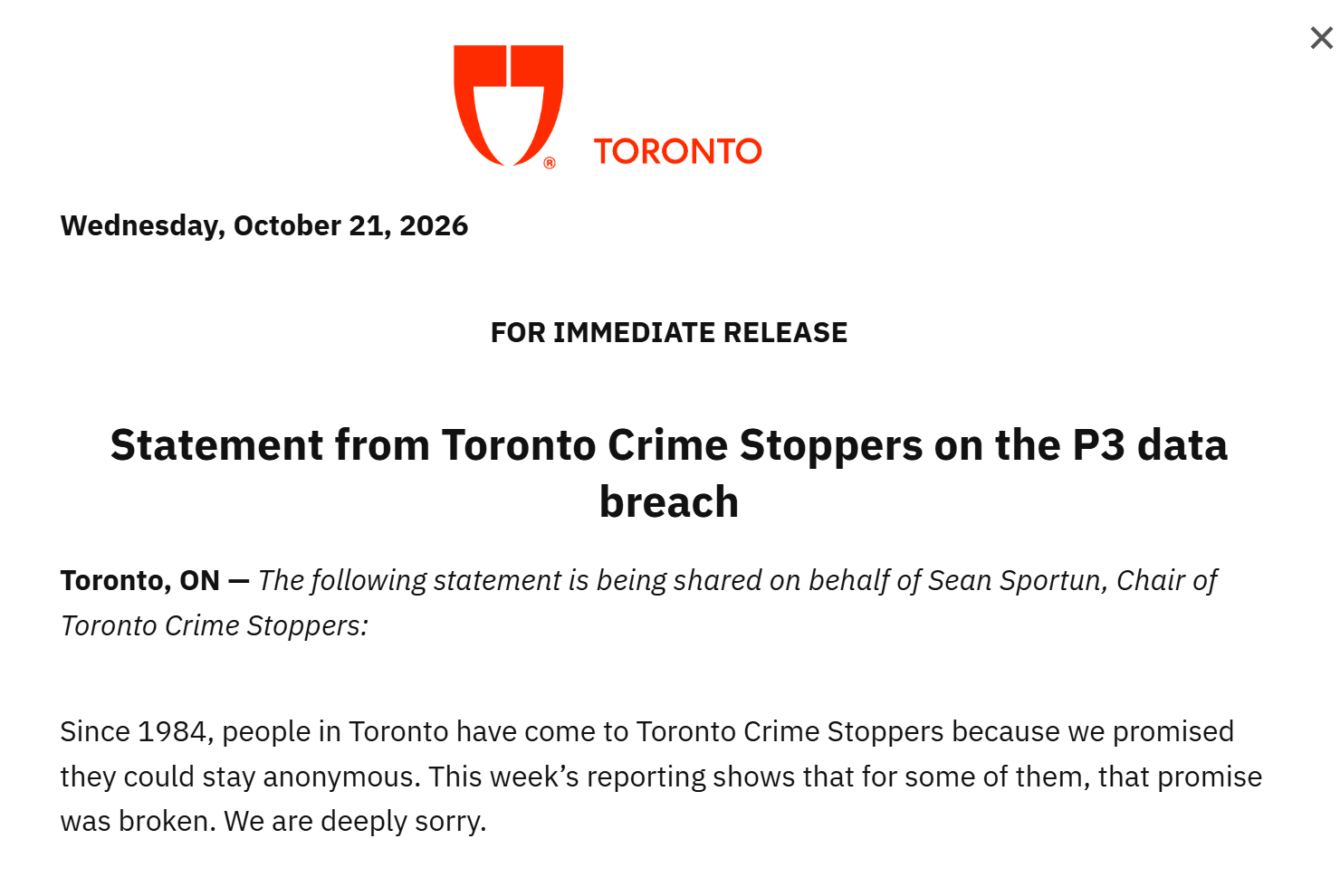 Toronto Crime Stoppers breach investigation and P3 software platform data leak