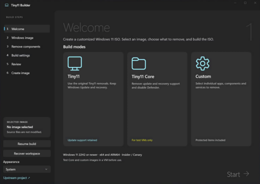 Tiny11 Builder GUI interface for creating custom debloated Windows 11 ISO images