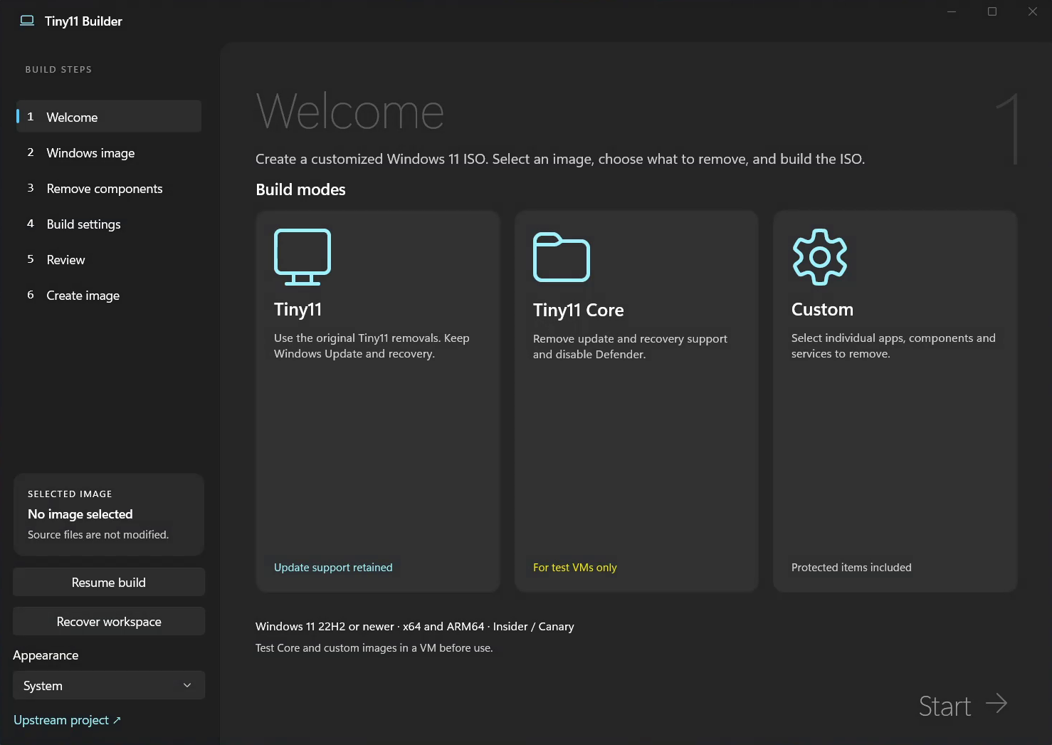 Tiny11 Builder GUI interface for creating custom debloated Windows 11 ISO images